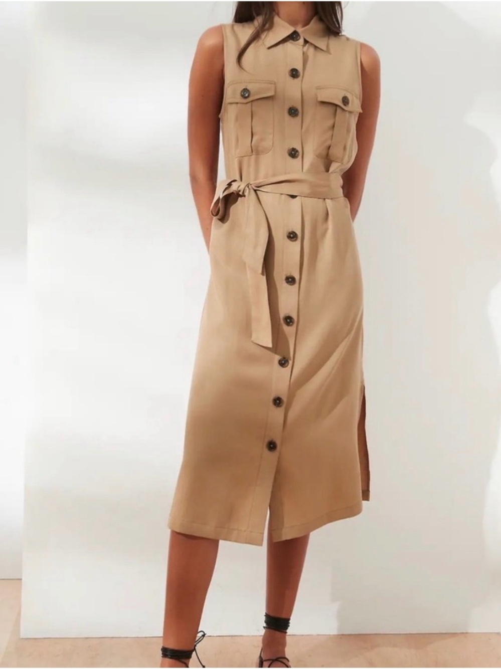 Banana Republic tan safari trench shirt dress.